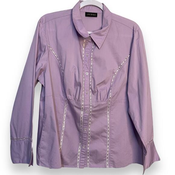 Lane Bryant Button Up Shirt Women's XL Purple Ribbon Accent Business Casual Top - Picture 2 of 8